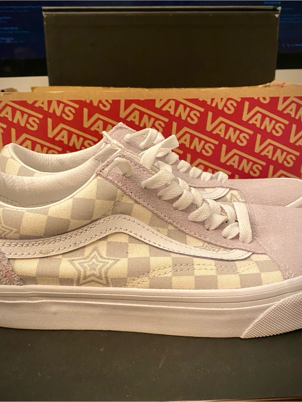 Vans Women's Low-Top Checkerboard Star Sneaker in Lavender and Off-White